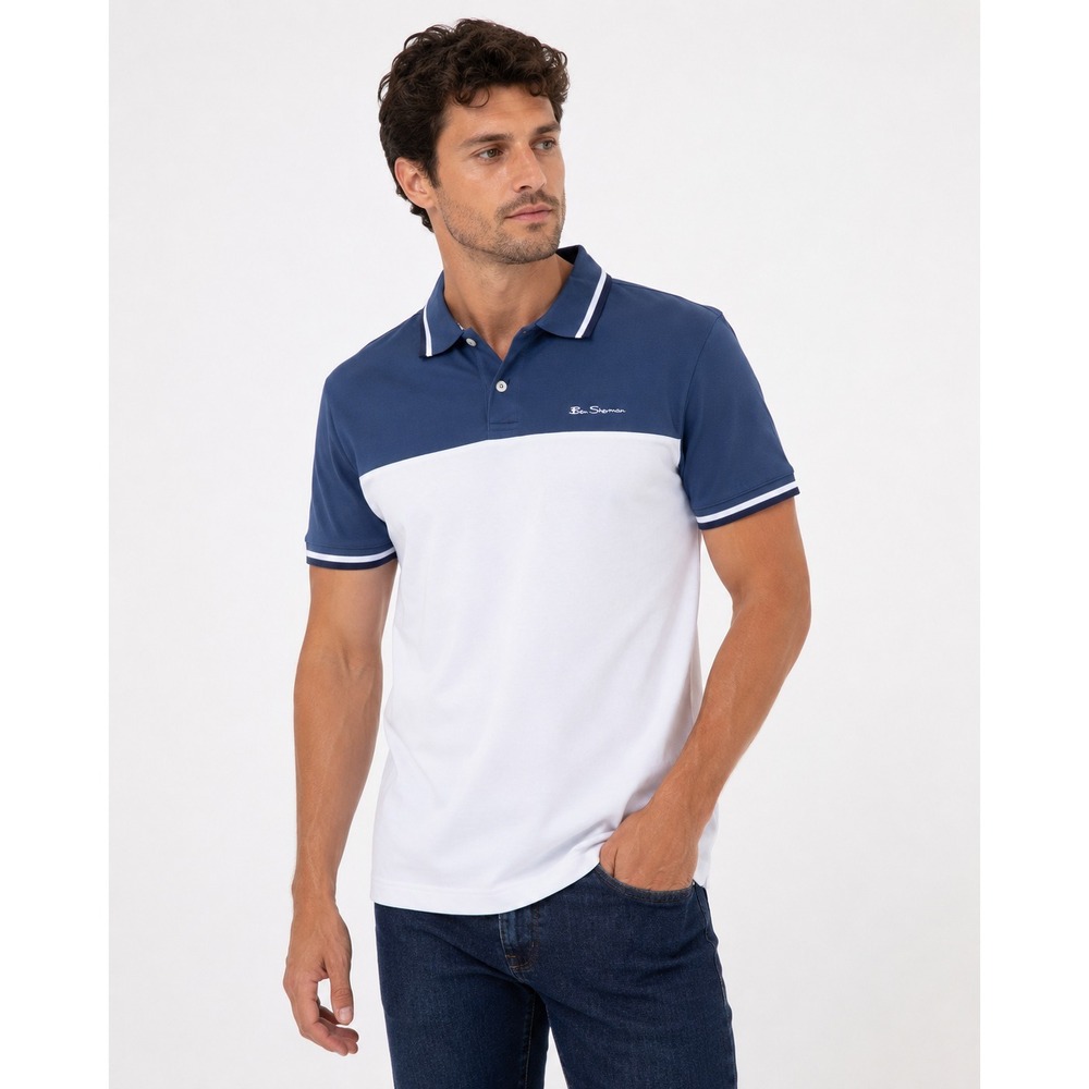 Ben Sherman Polo Shirt Men's Large Ehite/blue Short Sleeve